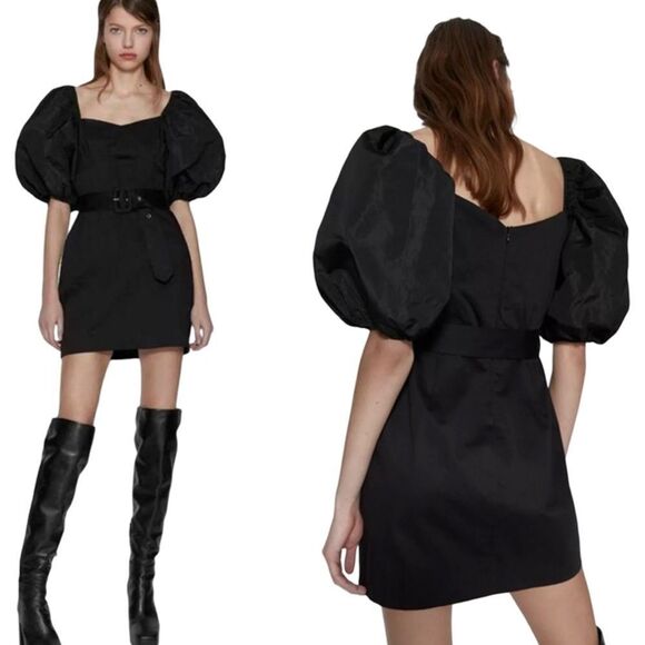Zara Black Puff Sleeve Fitted Sweetheart Neckline Mini Dress - Picture 2 of 15